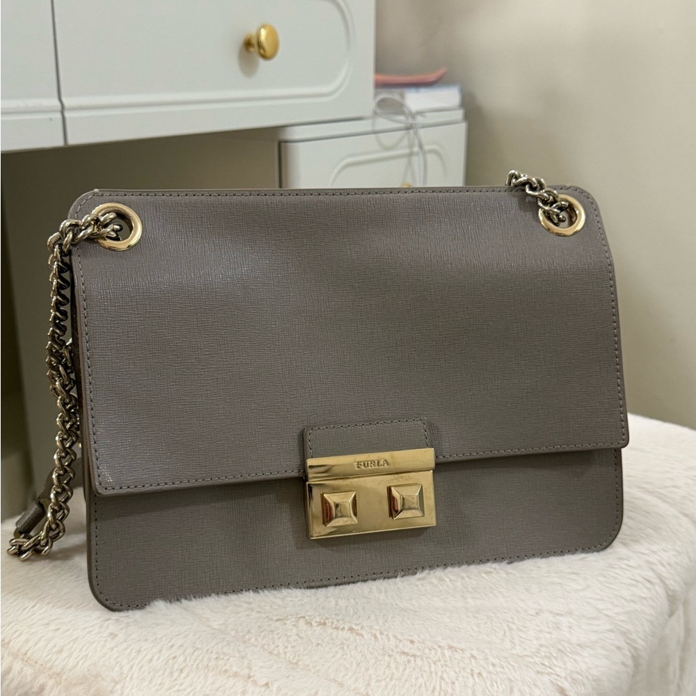 Furla Taupe Leather Shoulder Bag with Gold Accents